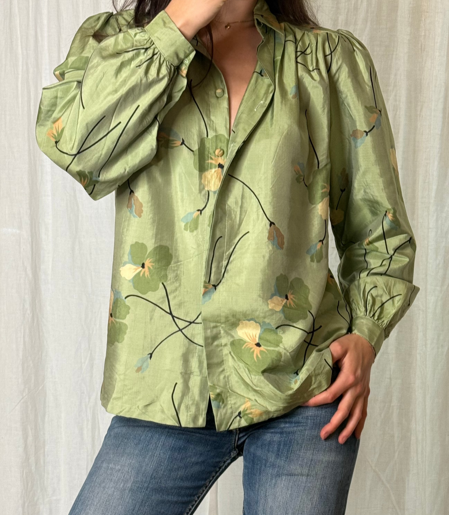 Vintage 100% Silk Floral Button Down Puff Sleeve Blouse S/M