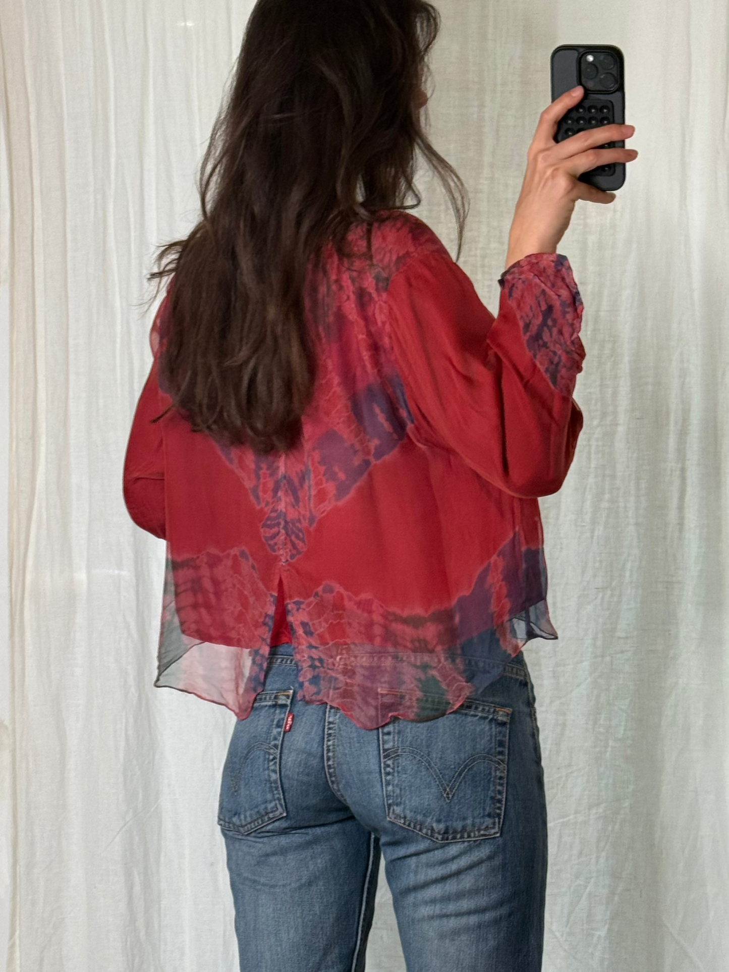 Vintage Silk Blend Tie Dye Burgundy Red Periwinkle Layered Top S/M