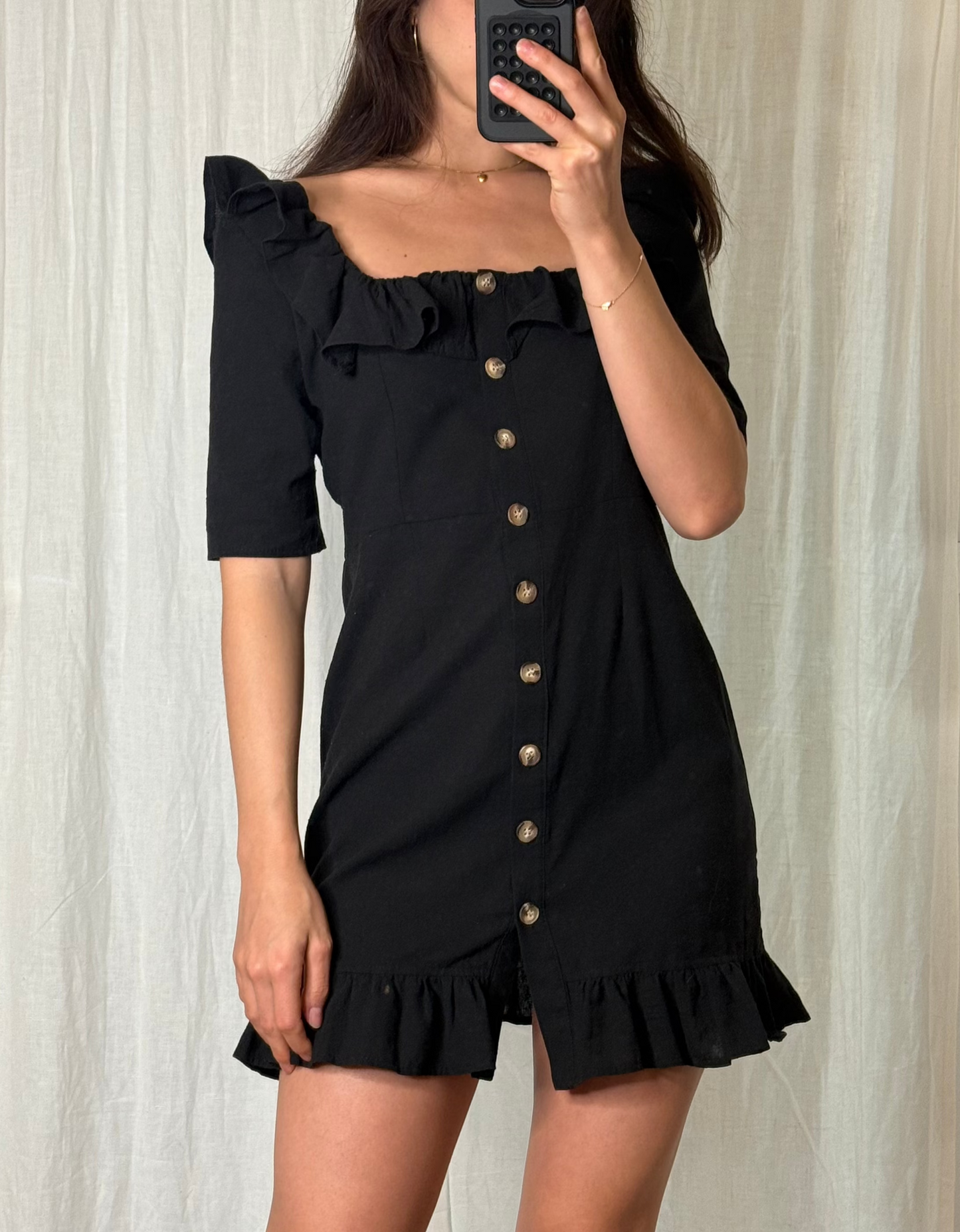 Linen Cotton Blend Ruffle Button Black Mini Dress S