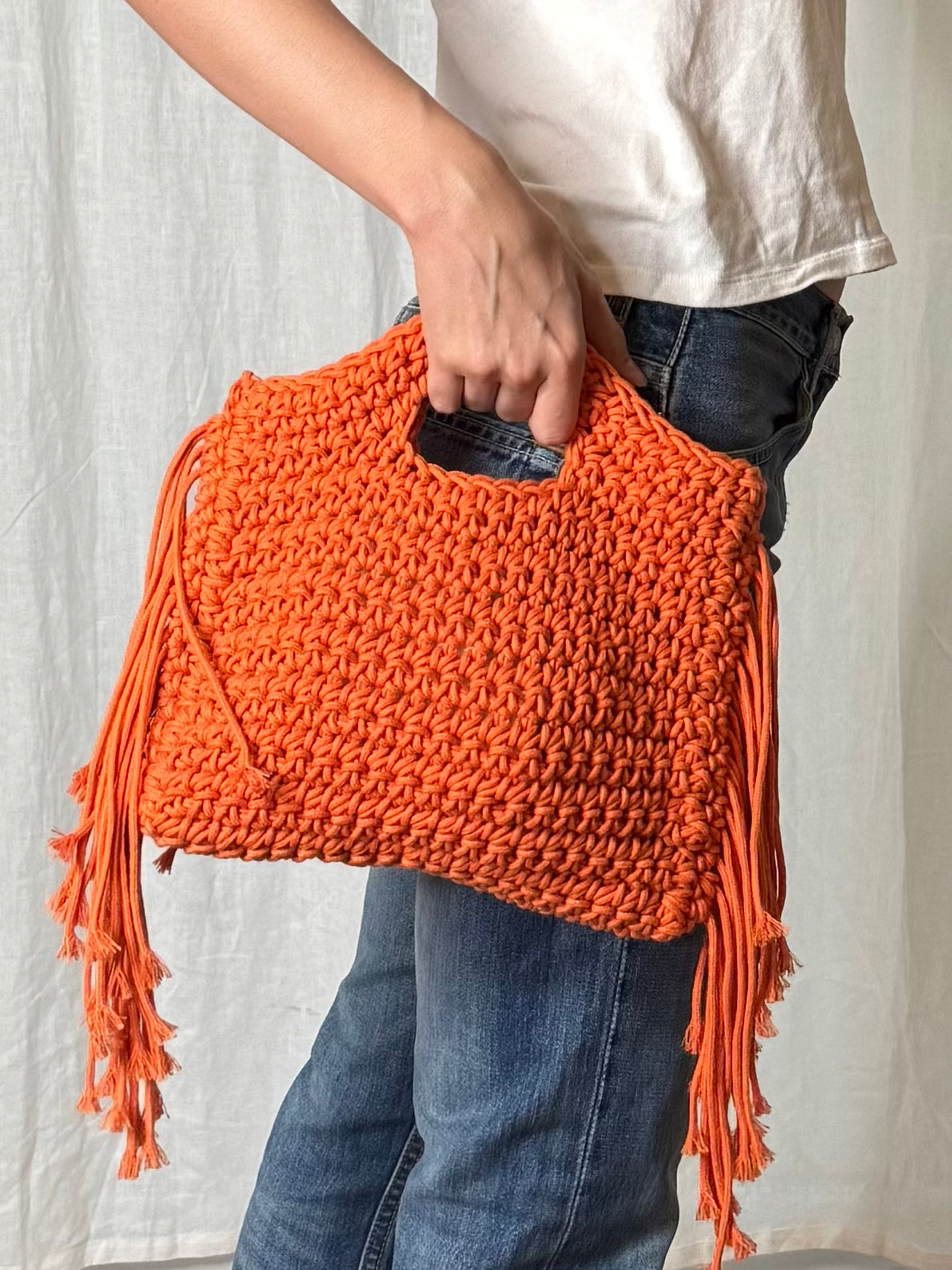 Handmade Bright Orange Tassel Macrame Summer Handbag S