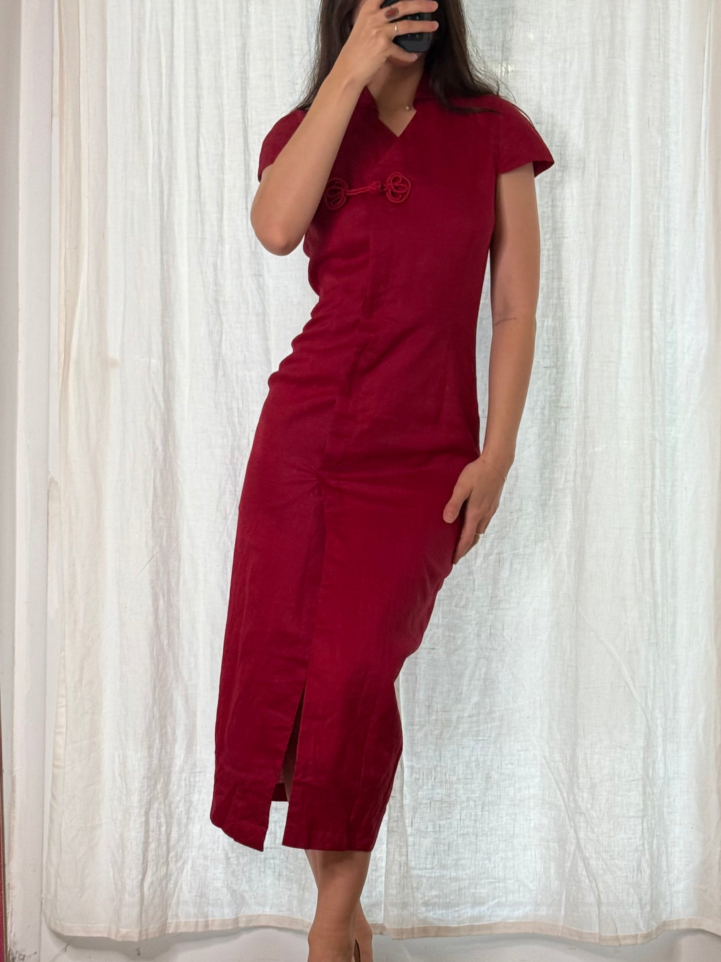 Vintage Ramie Asian Oriental Red Dress M