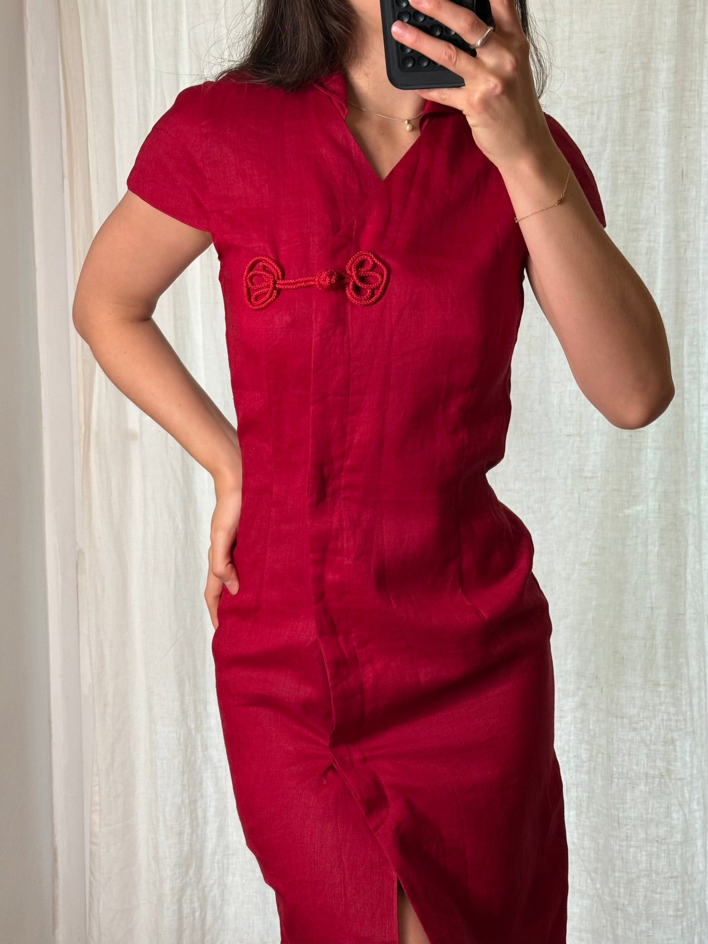 Vintage Ramie Asian Oriental Red Dress M