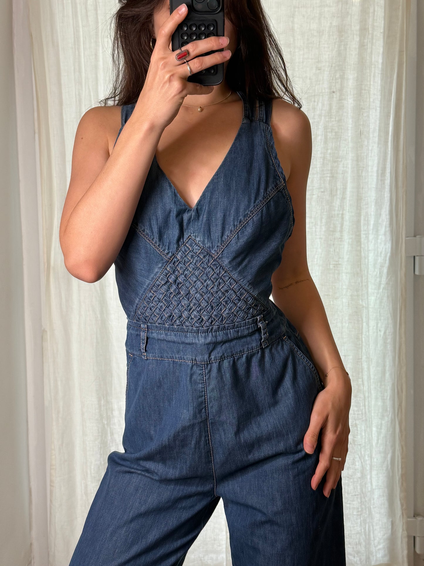 Vintage Cotton Denim Braided Detailed Jumpsuit M