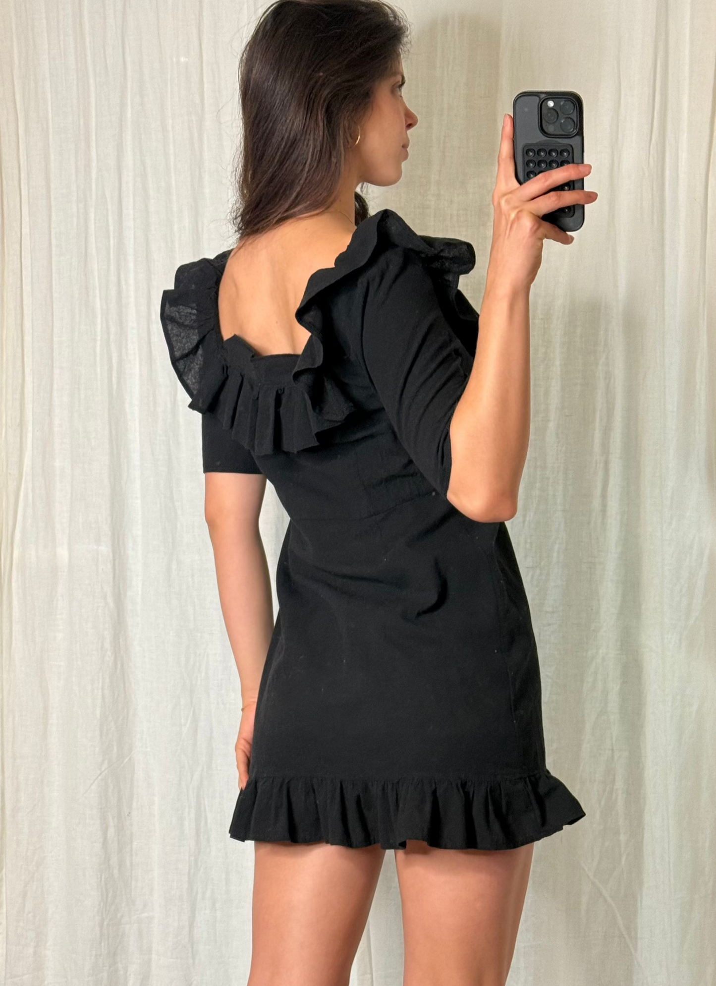 Linen Cotton Blend Ruffle Button Black Mini Dress S