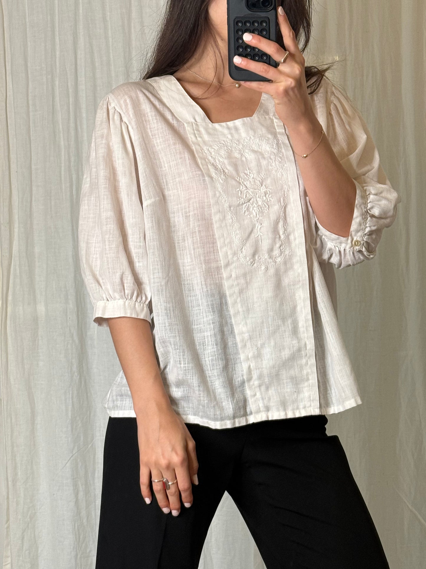 Vintage Cotton Linen Puff Sleeve White Blouse M