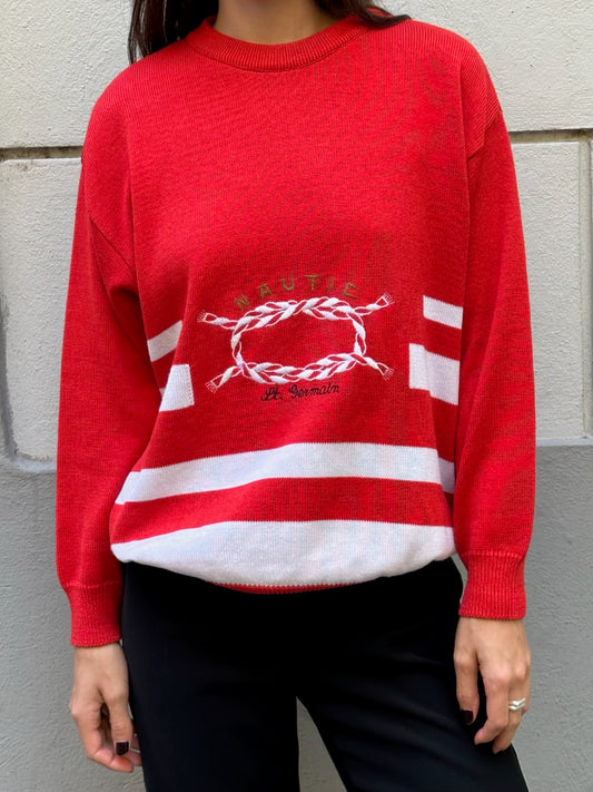 Vintage Cotton Red & White Nautic Pullover Knit Sweater M