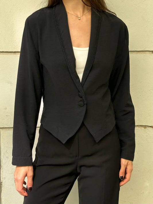 Vintage Black Viscose Blend Embroidered Hem Blazer M