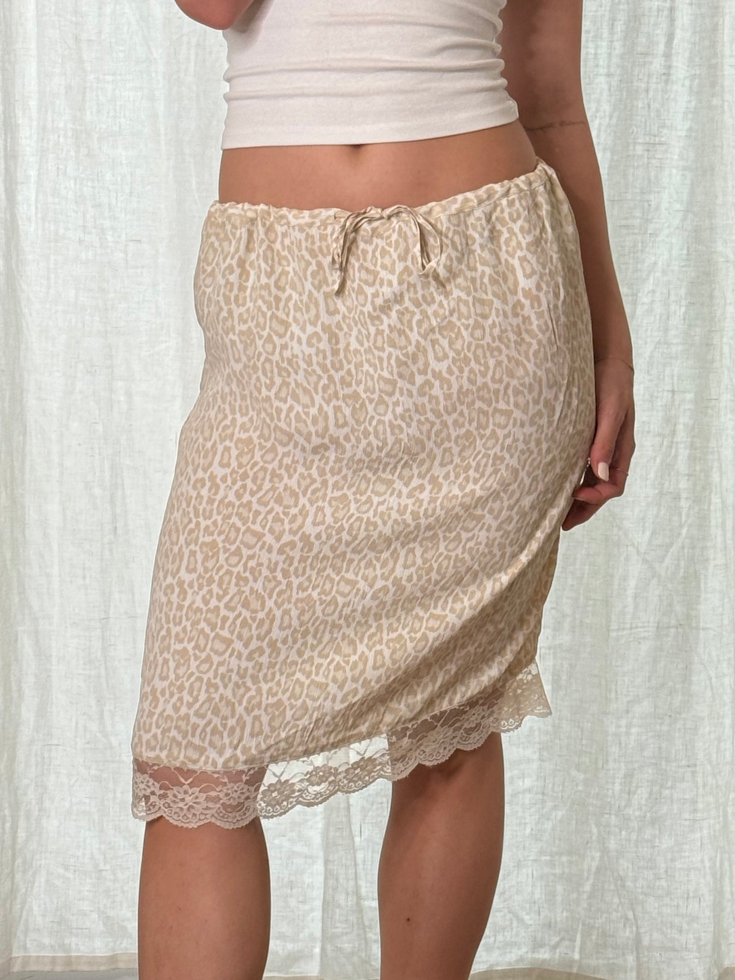 Cream Leopard Print Lace Trim 100% Viscose Midi Skirt S/M