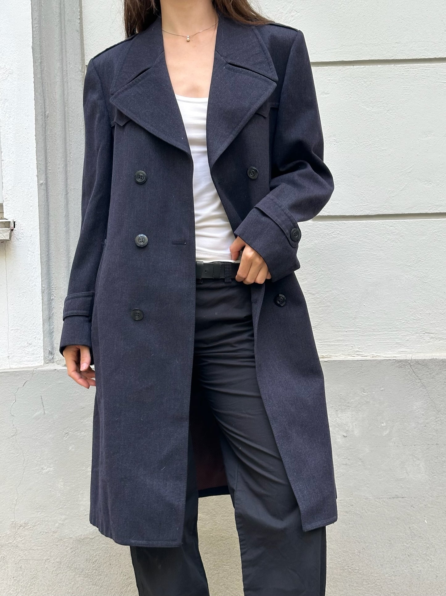Vintage Navy Wool Blend Midi Coat M