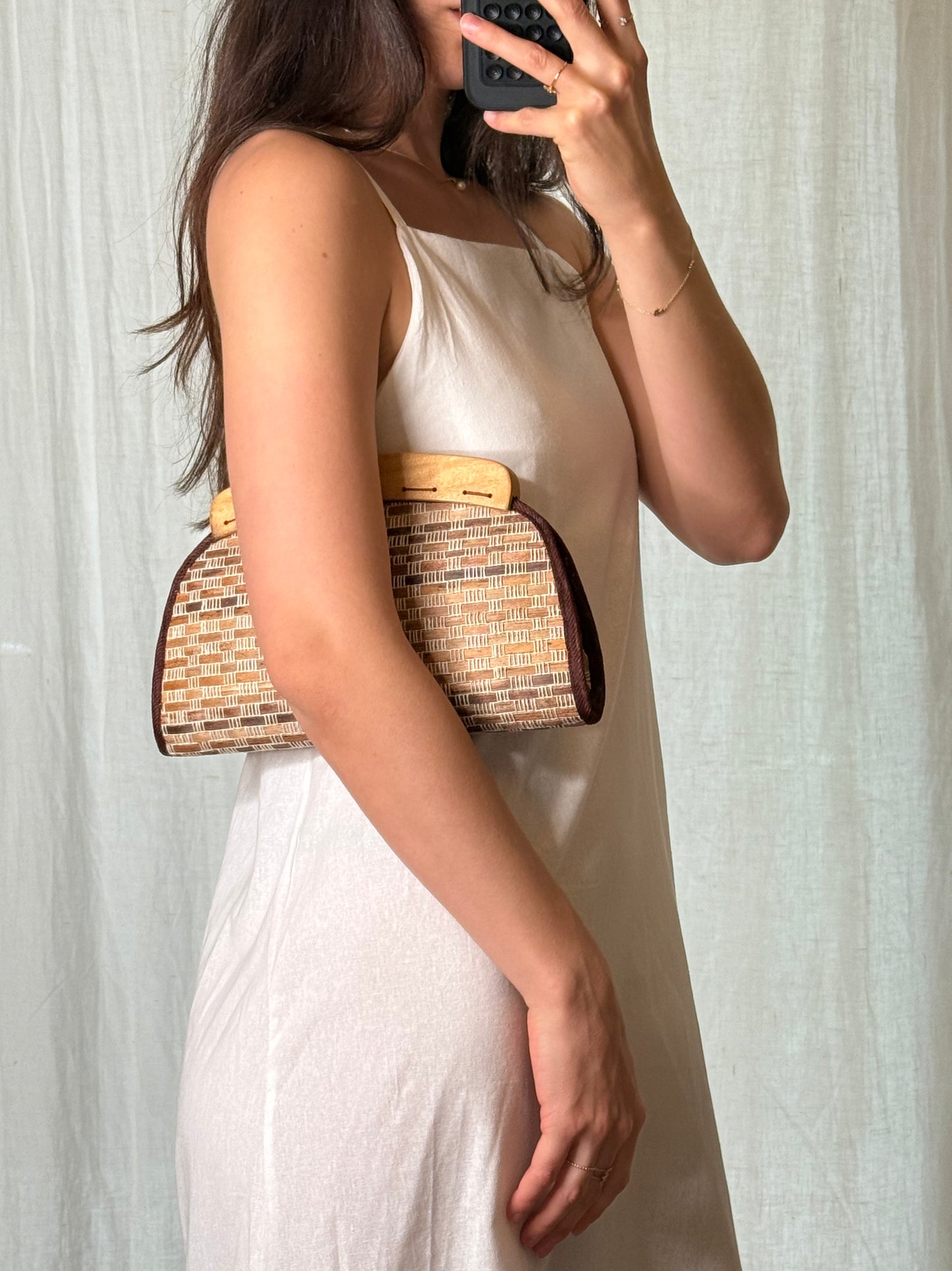Vintage Wooden Woven Brown/Beige Clutch Bag S