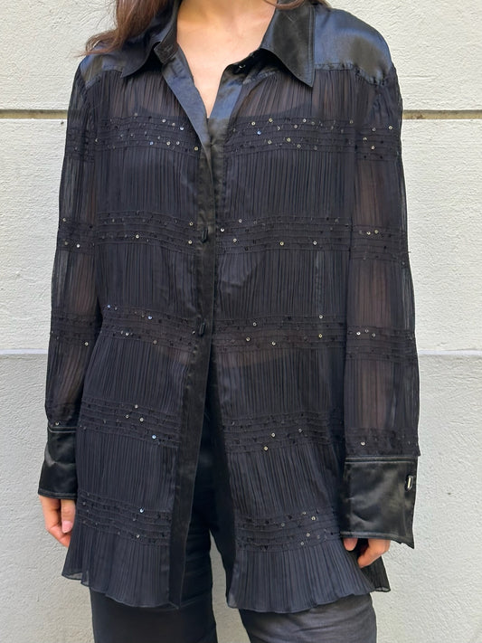 Vintage Black Sheer Sparkly Long Sleeve Blouse L