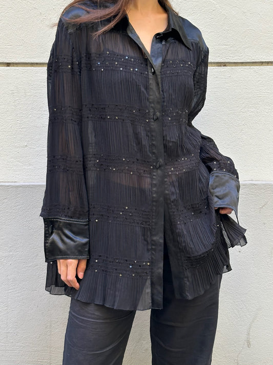 Vintage Black Sheer Sparkly Long Sleeve Blouse L