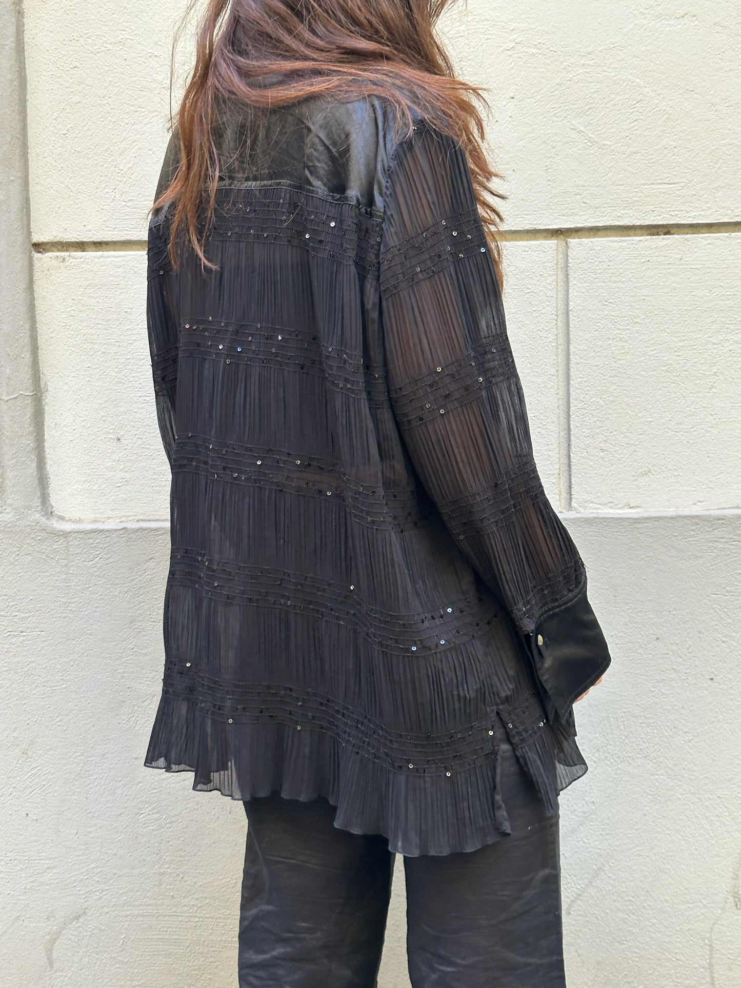 Vintage Black Sheer Sparkly Long Sleeve Blouse L