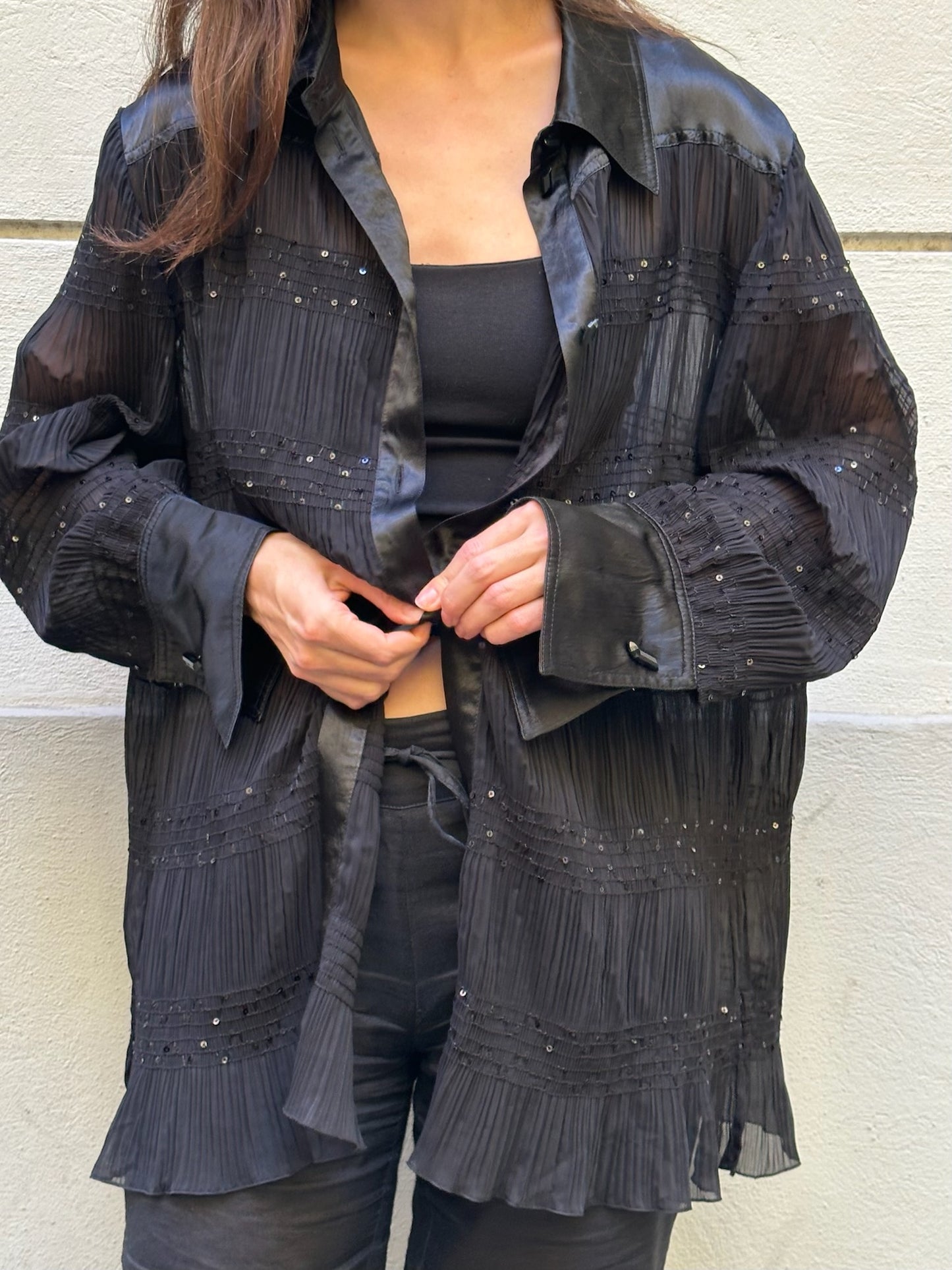 Vintage Black Sheer Sparkly Long Sleeve Blouse L