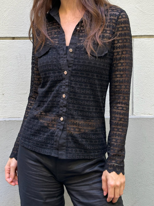 Vintage Black Lace Gold Button Up Blouse S