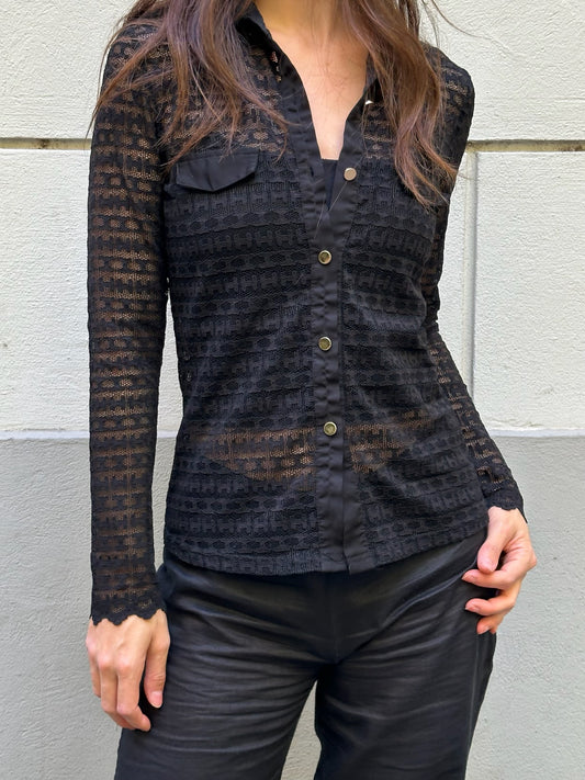 Vintage Black Lace Gold Button Up Blouse S
