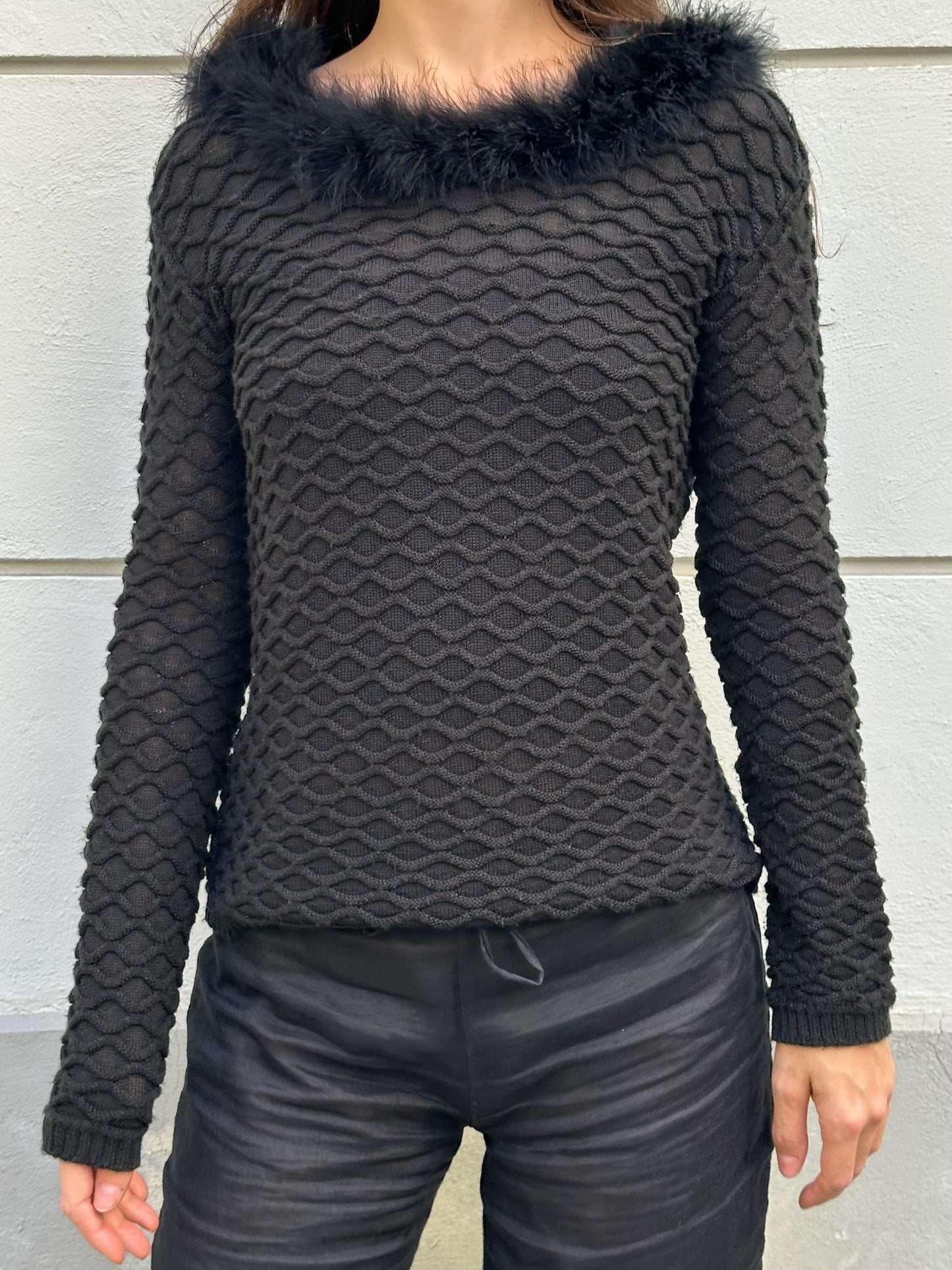 Vintage Wool Blend Black Long Sleeve Feather Trim Top S/M