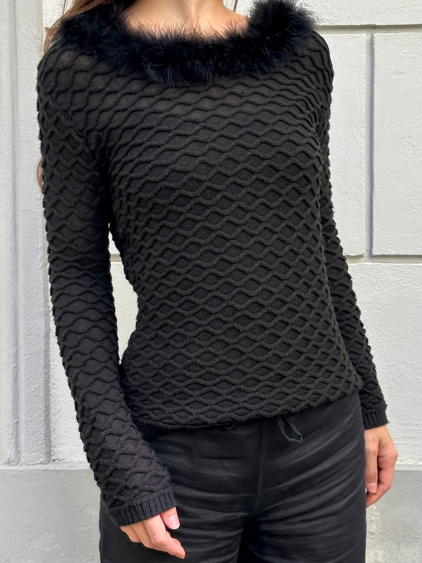 Vintage Wool Blend Black Long Sleeve Feather Trim Top S/M