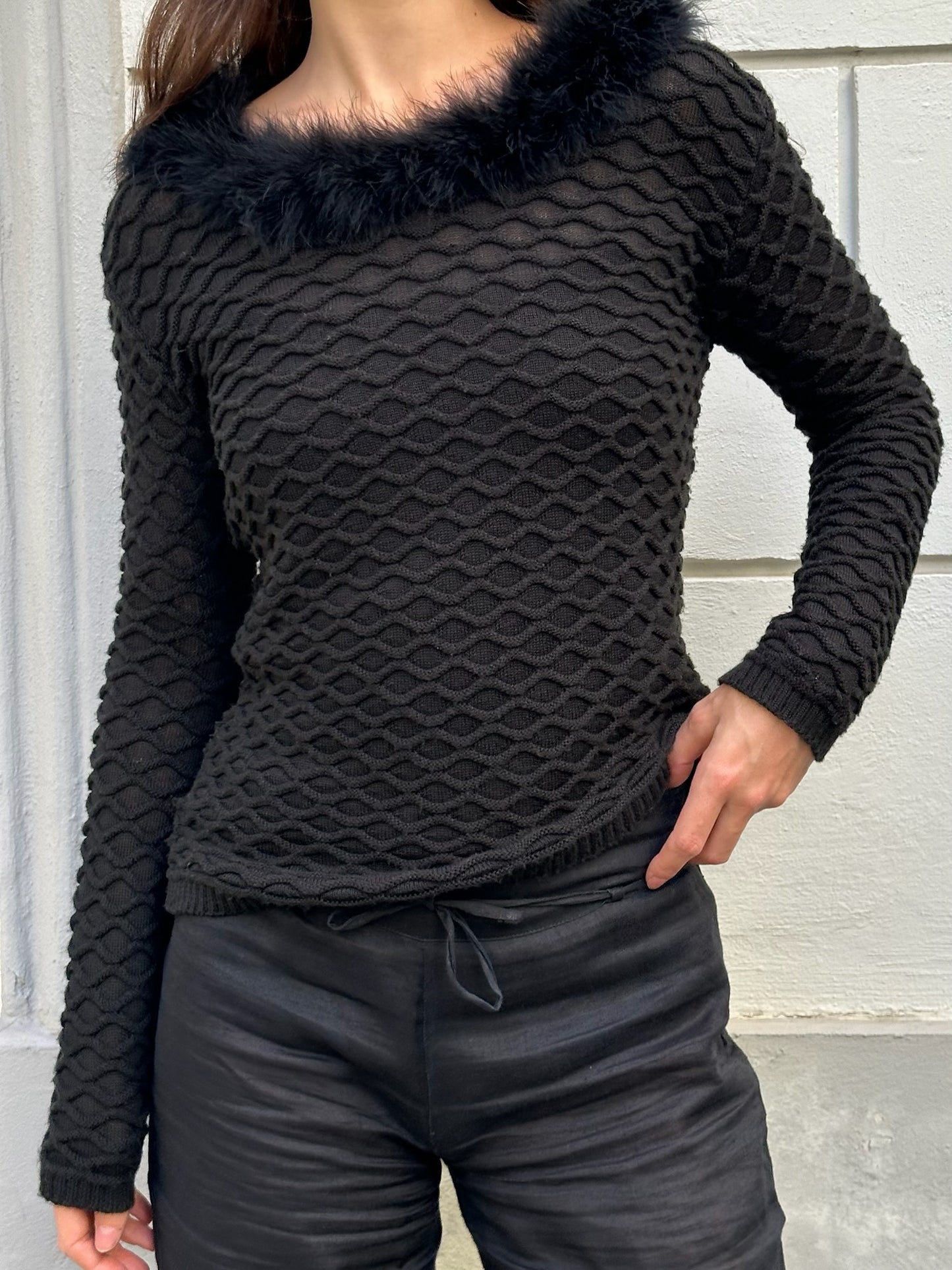 Vintage Wool Blend Black Long Sleeve Feather Trim Top S/M