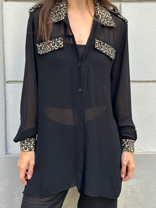 Vintage 100% Viscose Cheetah Trim Black Sheer Blouse M