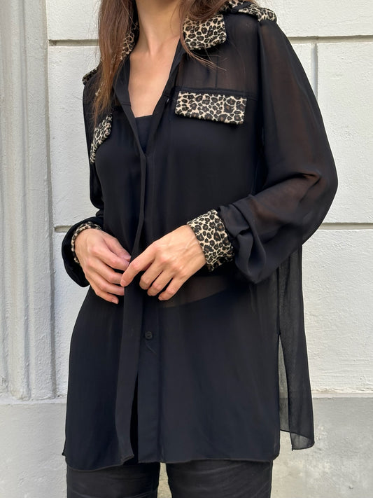 Vintage 100% Viscose Cheetah Trim Black Sheer Blouse M