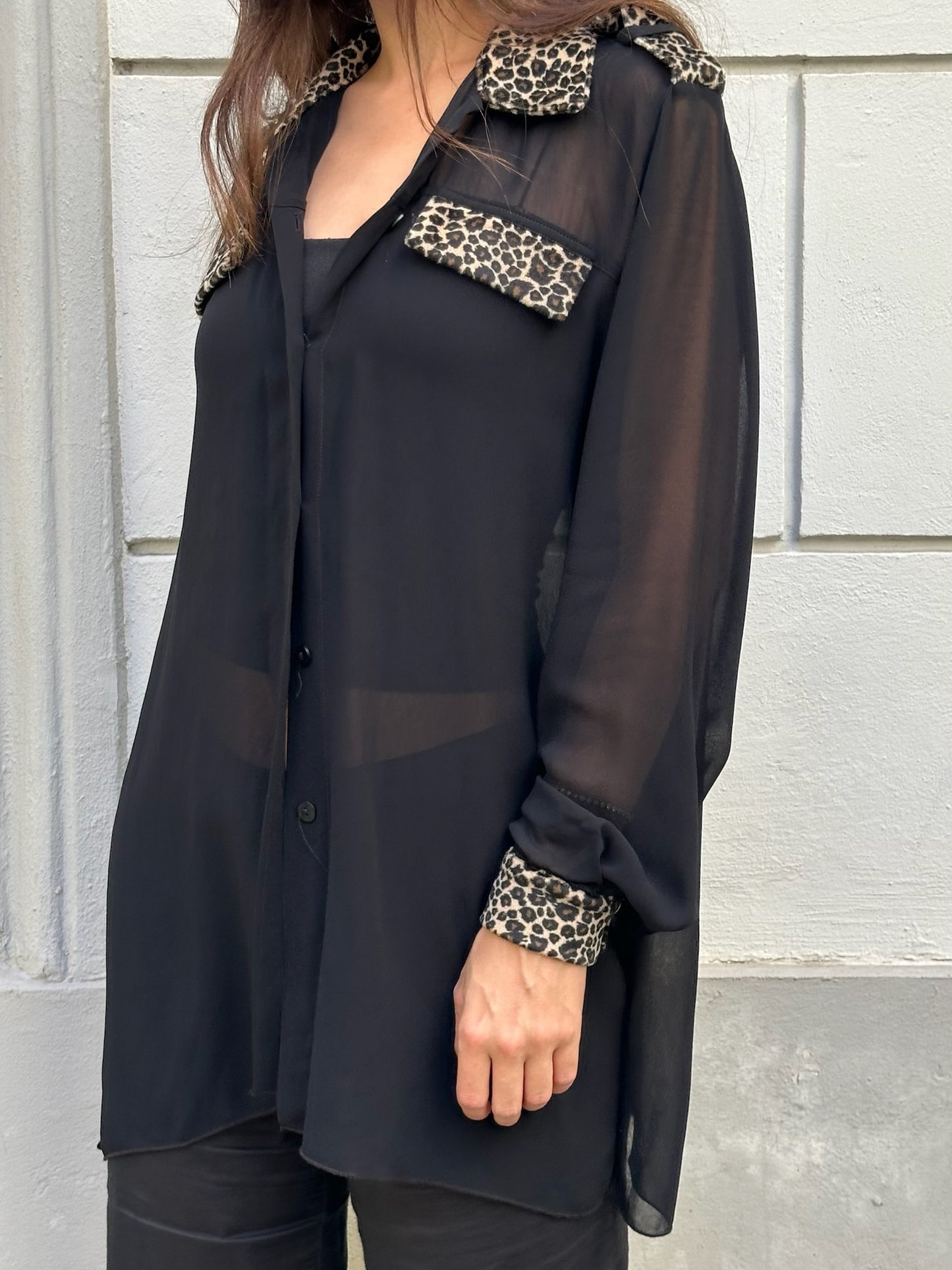 Vintage 100% Viscose Cheetah Trim Black Sheer Blouse M