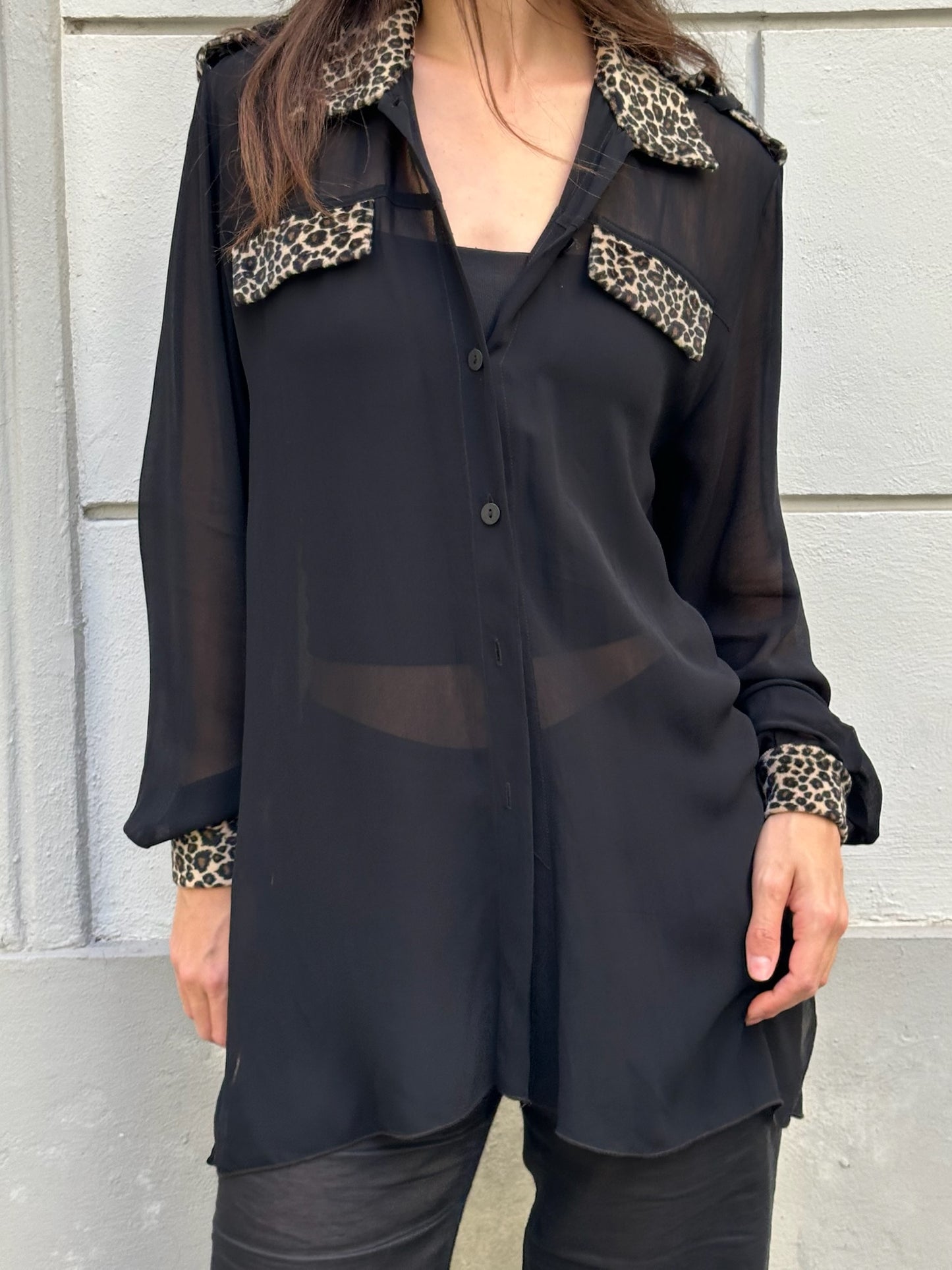 Vintage 100% Viscose Cheetah Trim Black Sheer Blouse M