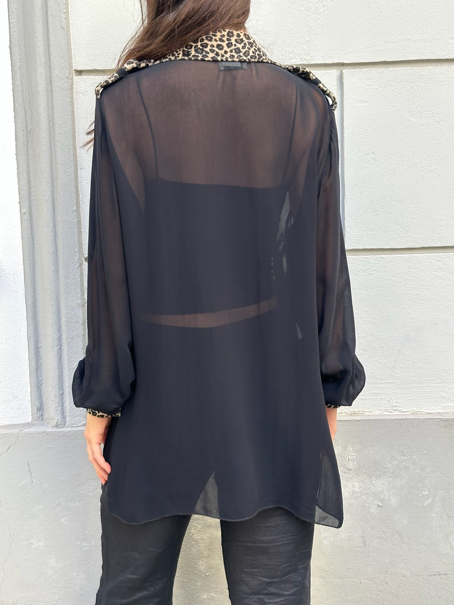 Vintage 100% Viscose Cheetah Trim Black Sheer Blouse M