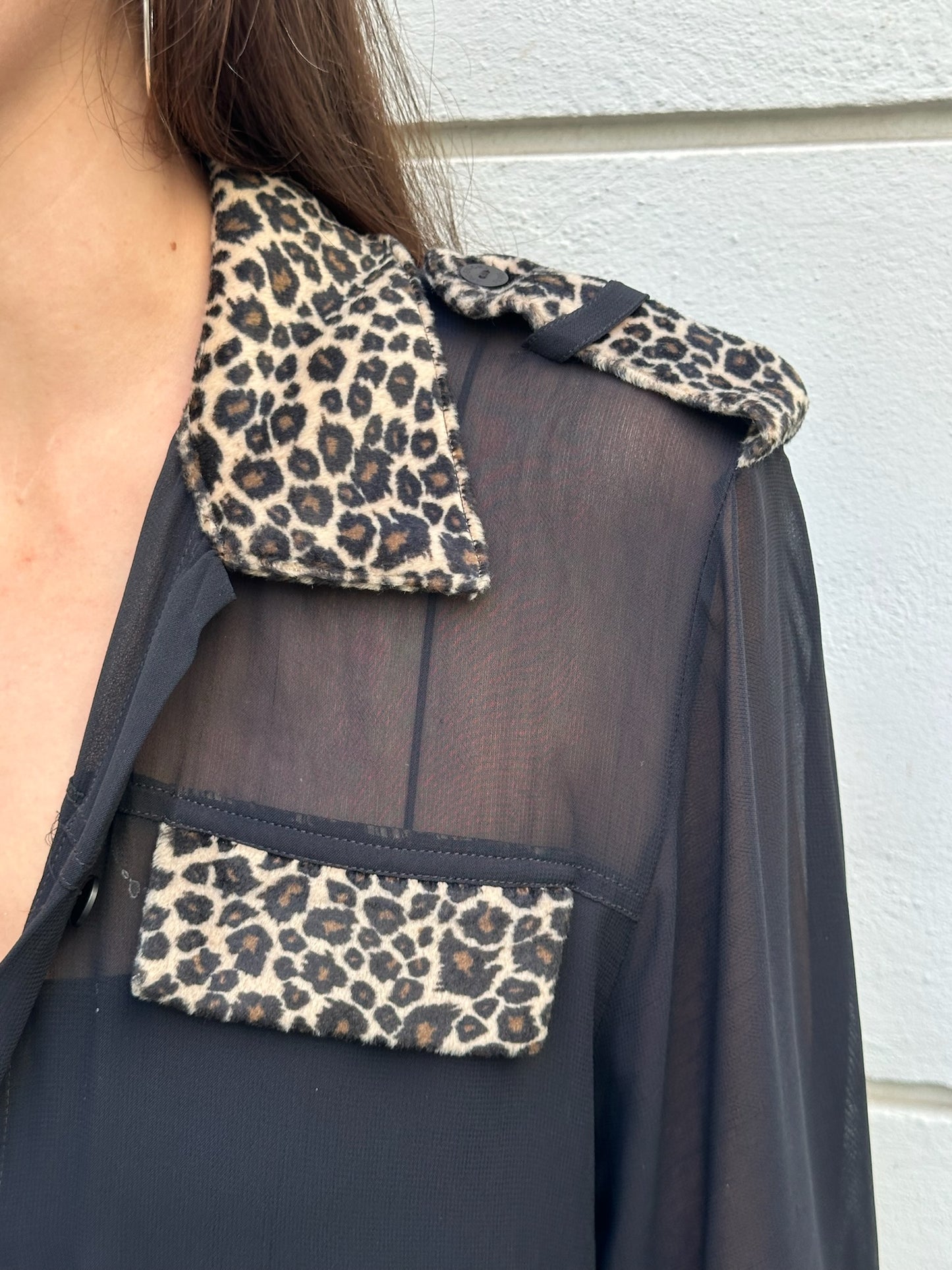 Vintage 100% Viscose Cheetah Trim Black Sheer Blouse M