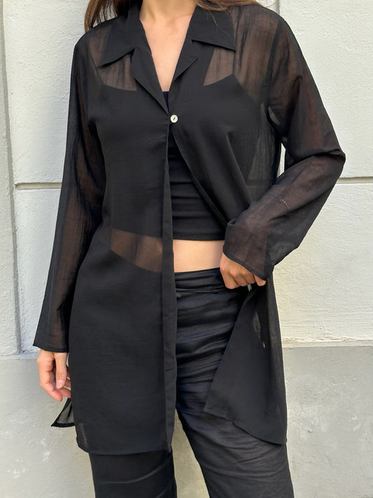 Vintage Black Sheer Single Button Top M