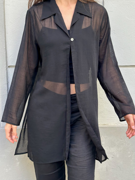 Vintage Black Sheer Single Button Top M