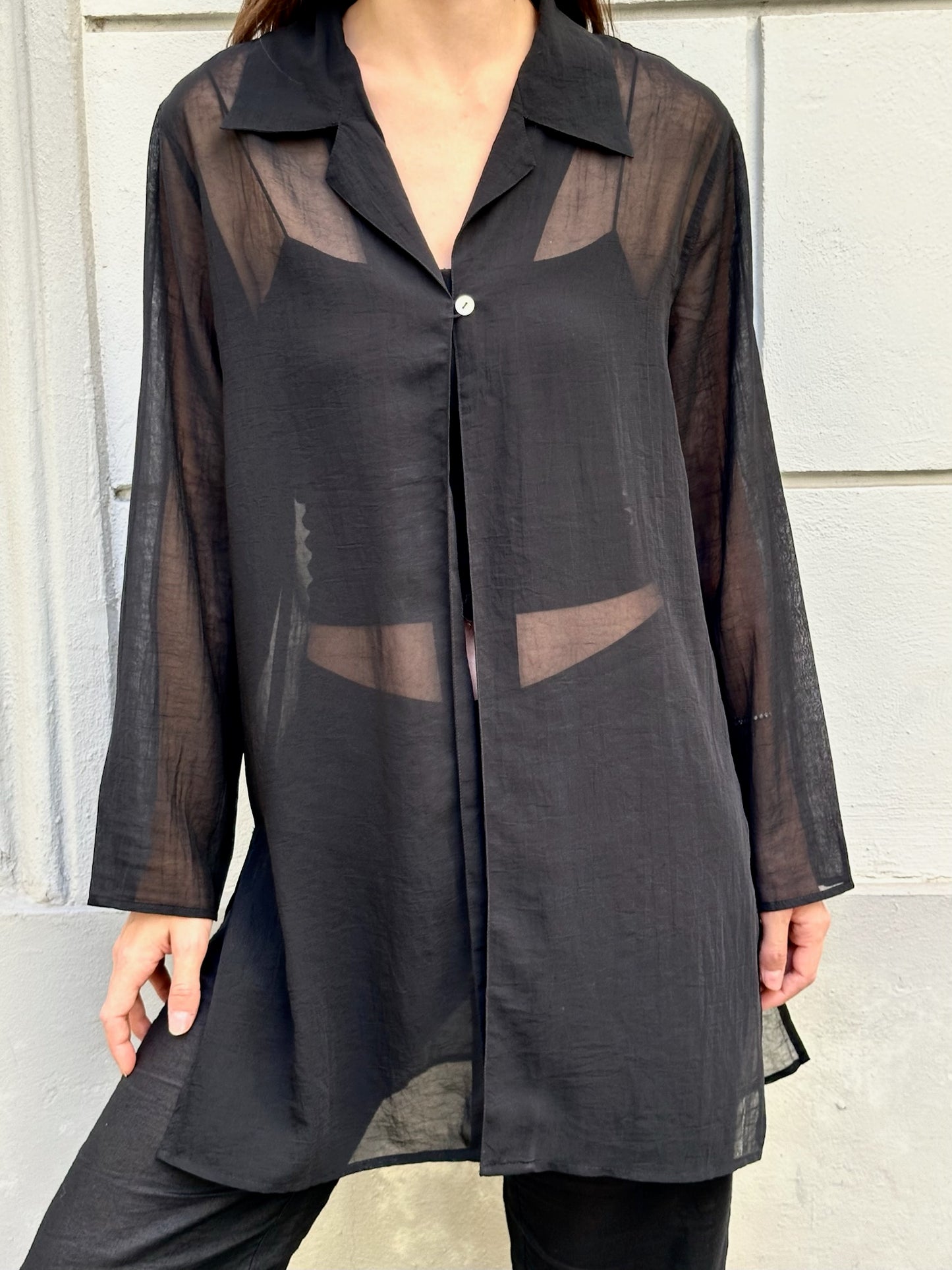 Vintage Black Sheer Single Button Top M