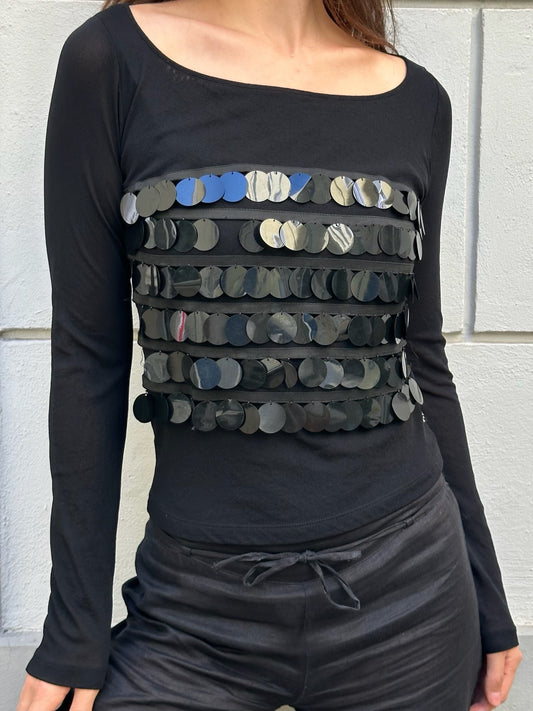 Vintage GIANFRANCO FERRE Black Black Disc Sequin Long Sleeve Top S