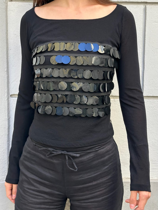 Vintage GIANFRANCO FERRE Black Black Disc Sequin Long Sleeve Top S