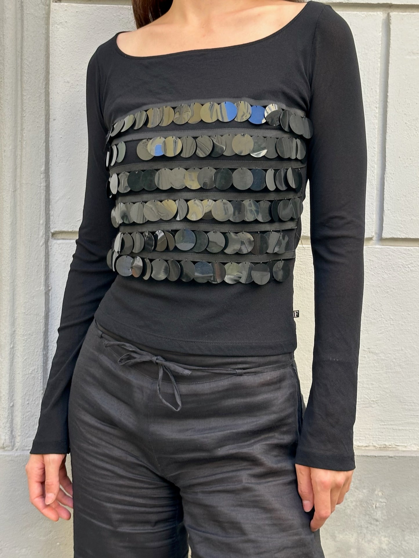 Vintage GIANFRANCO FERRE Black Black Disc Sequin Long Sleeve Top S