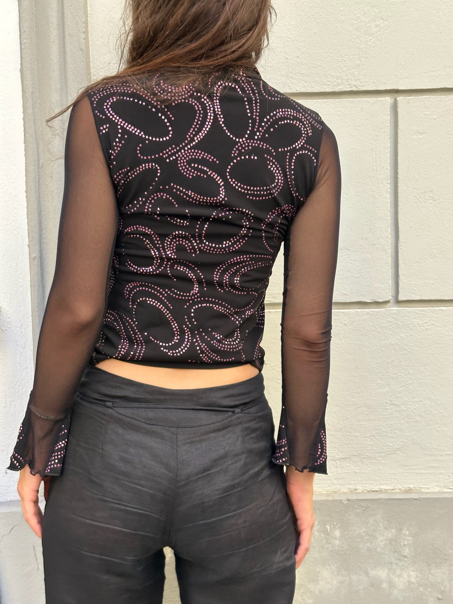 Vintage Black Mesh Sleeve Pink Rhinestone Top S