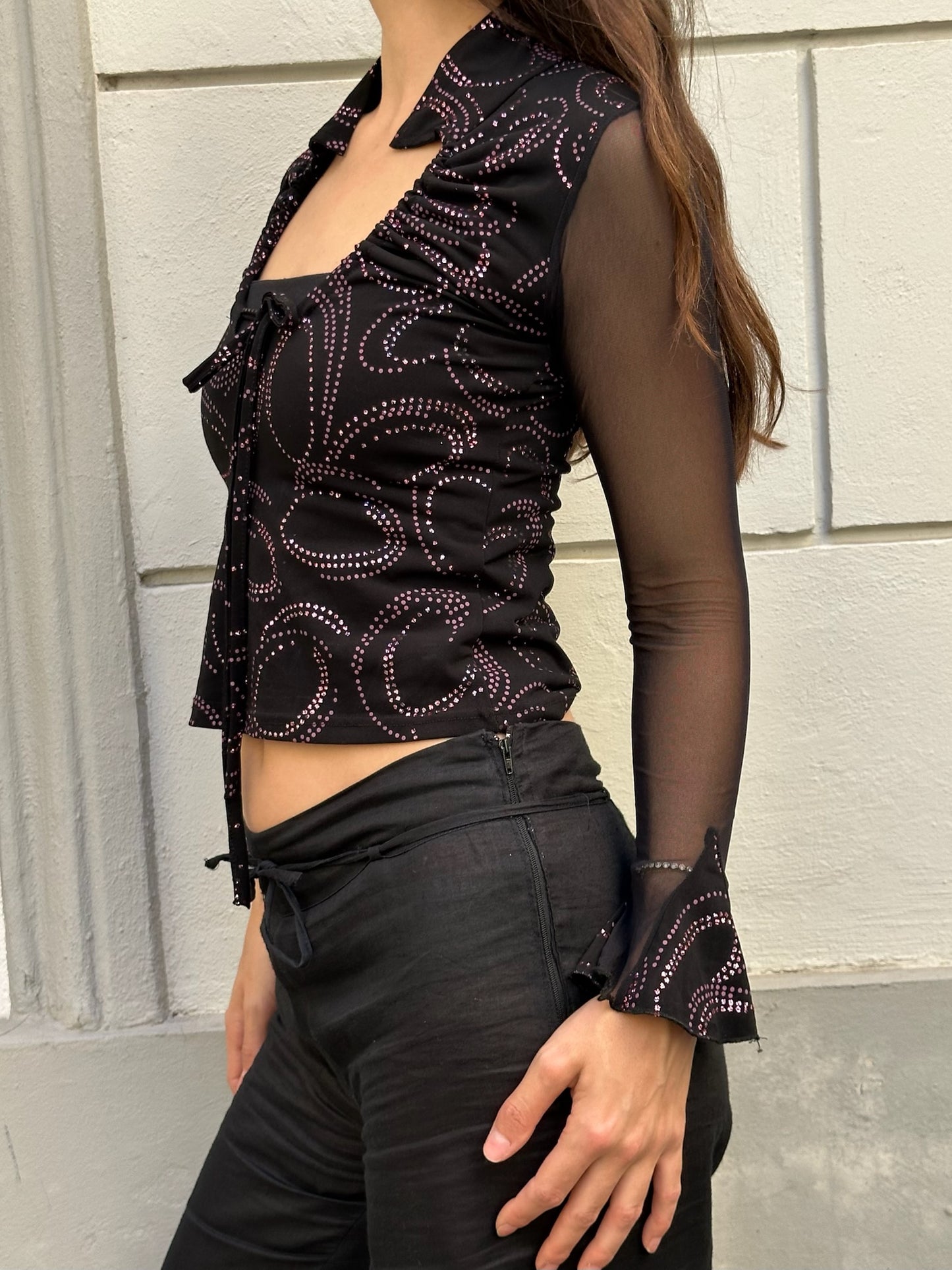Vintage Black Mesh Sleeve Pink Rhinestone Top S