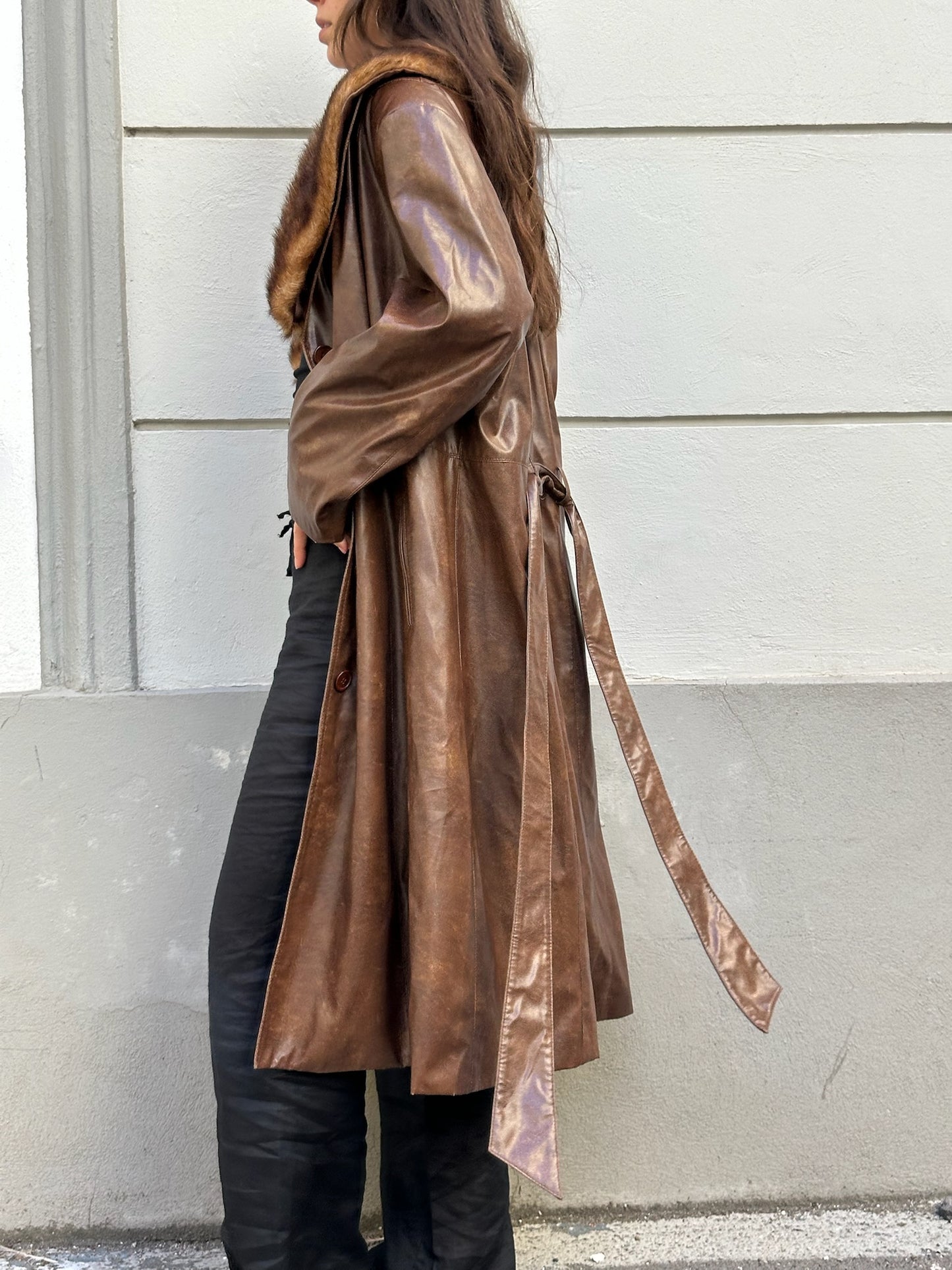Vintage Faux Leather & Fur Brown Midi Jacket M