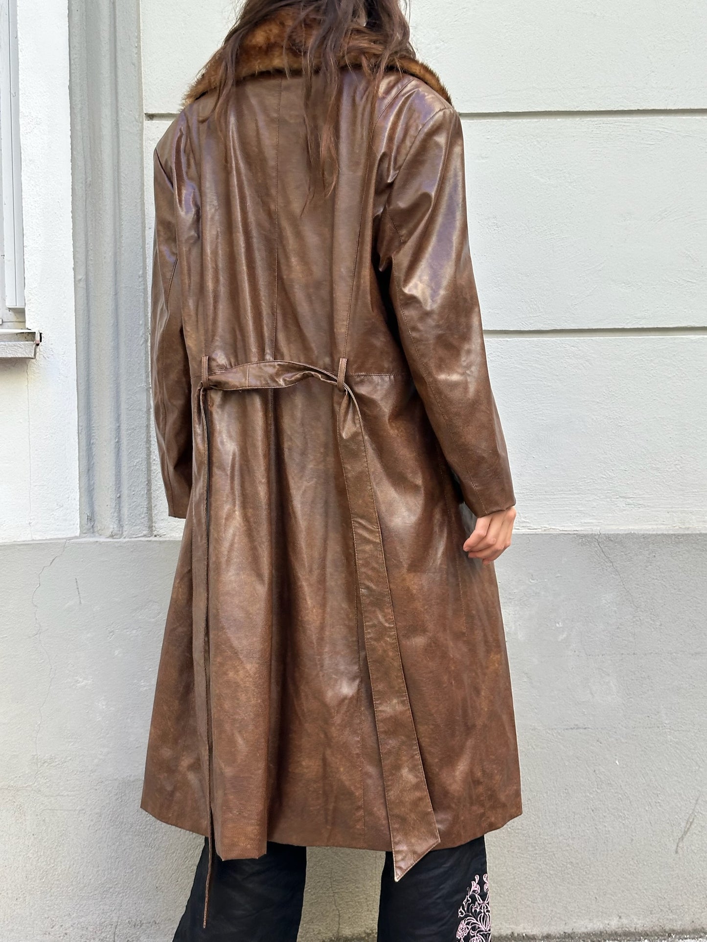 Vintage Faux Leather & Fur Brown Midi Jacket M