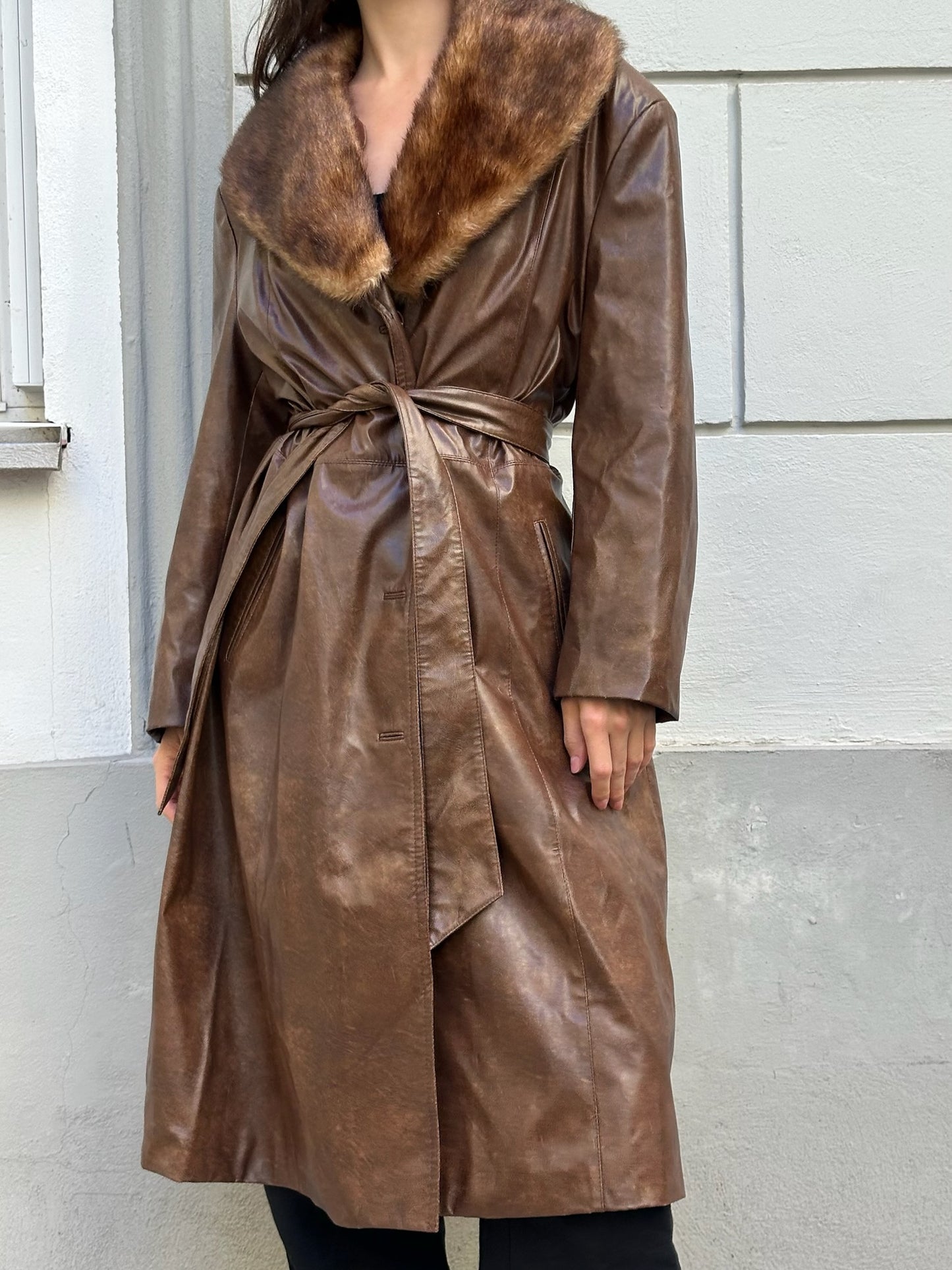 Vintage Faux Leather & Fur Brown Midi Jacket M