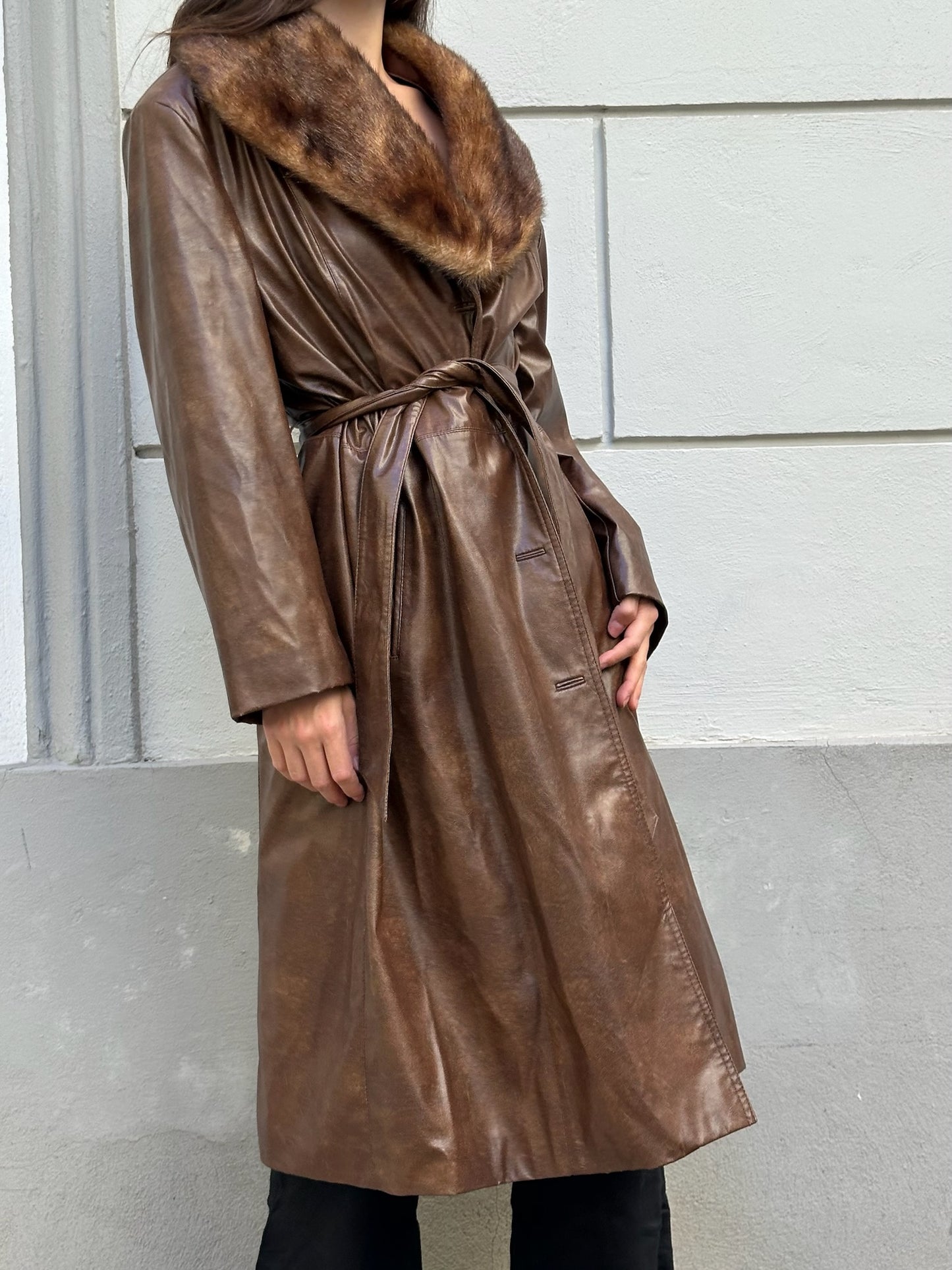 Vintage Faux Leather & Fur Brown Midi Jacket M