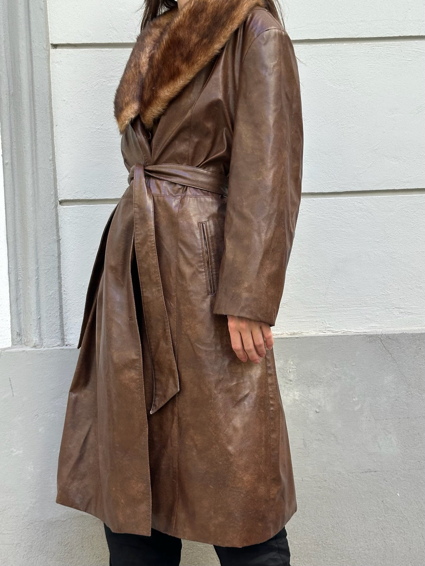Vintage Faux Leather & Fur Brown Midi Jacket M
