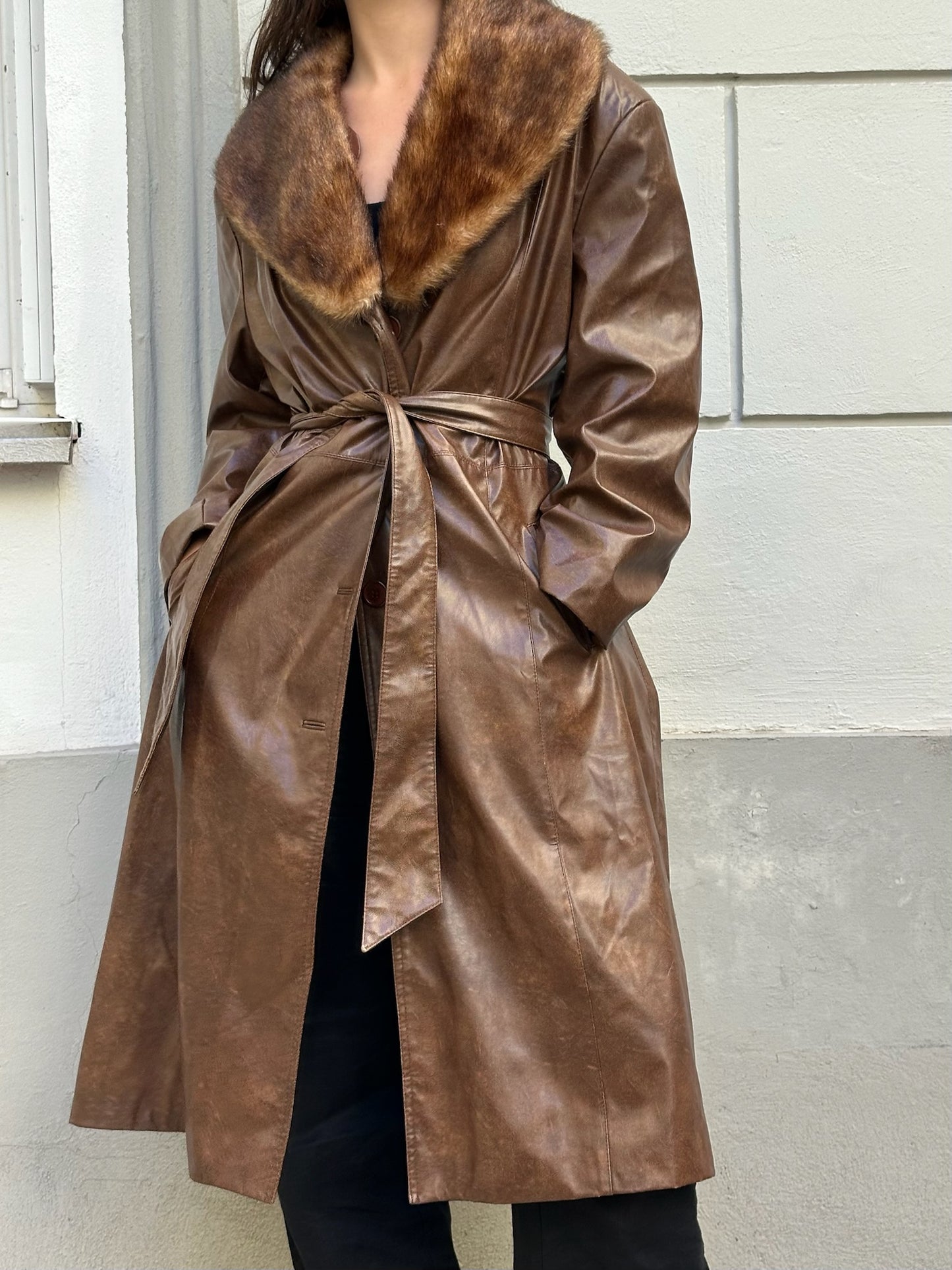 Vintage Faux Leather & Fur Brown Midi Jacket M