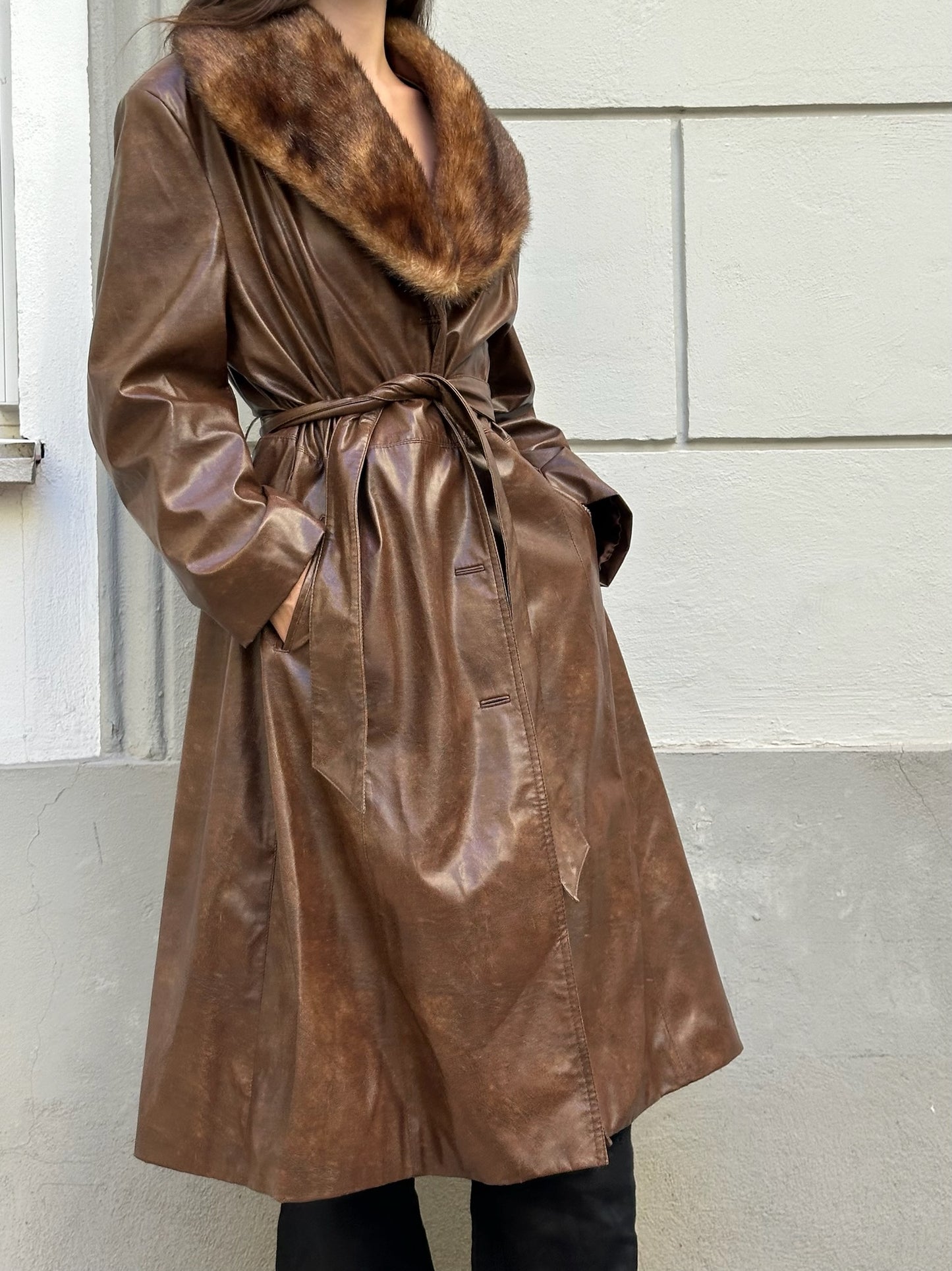 Vintage Faux Leather & Fur Brown Midi Jacket M