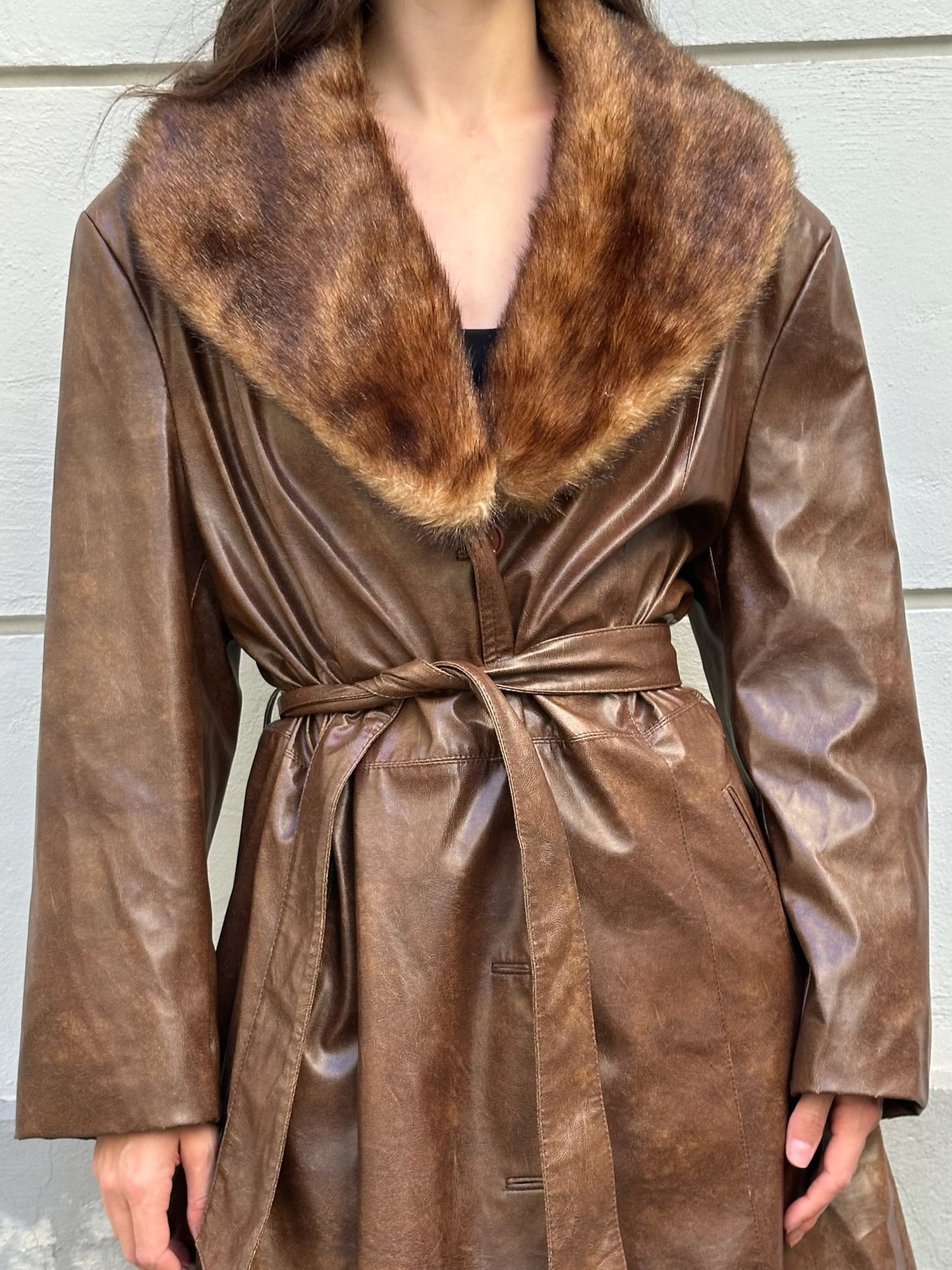 Vintage Faux Leather & Fur Brown Midi Jacket M