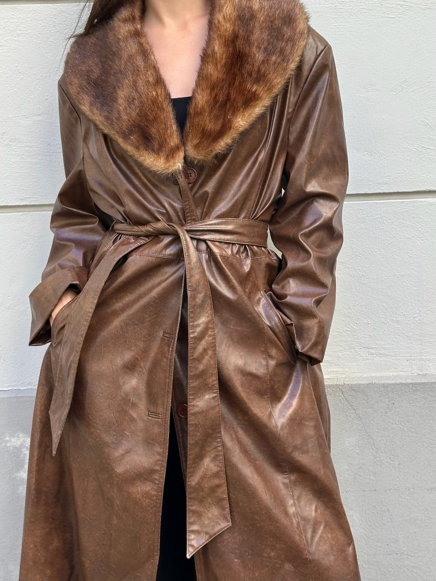 Vintage Faux Leather & Fur Brown Midi Jacket M