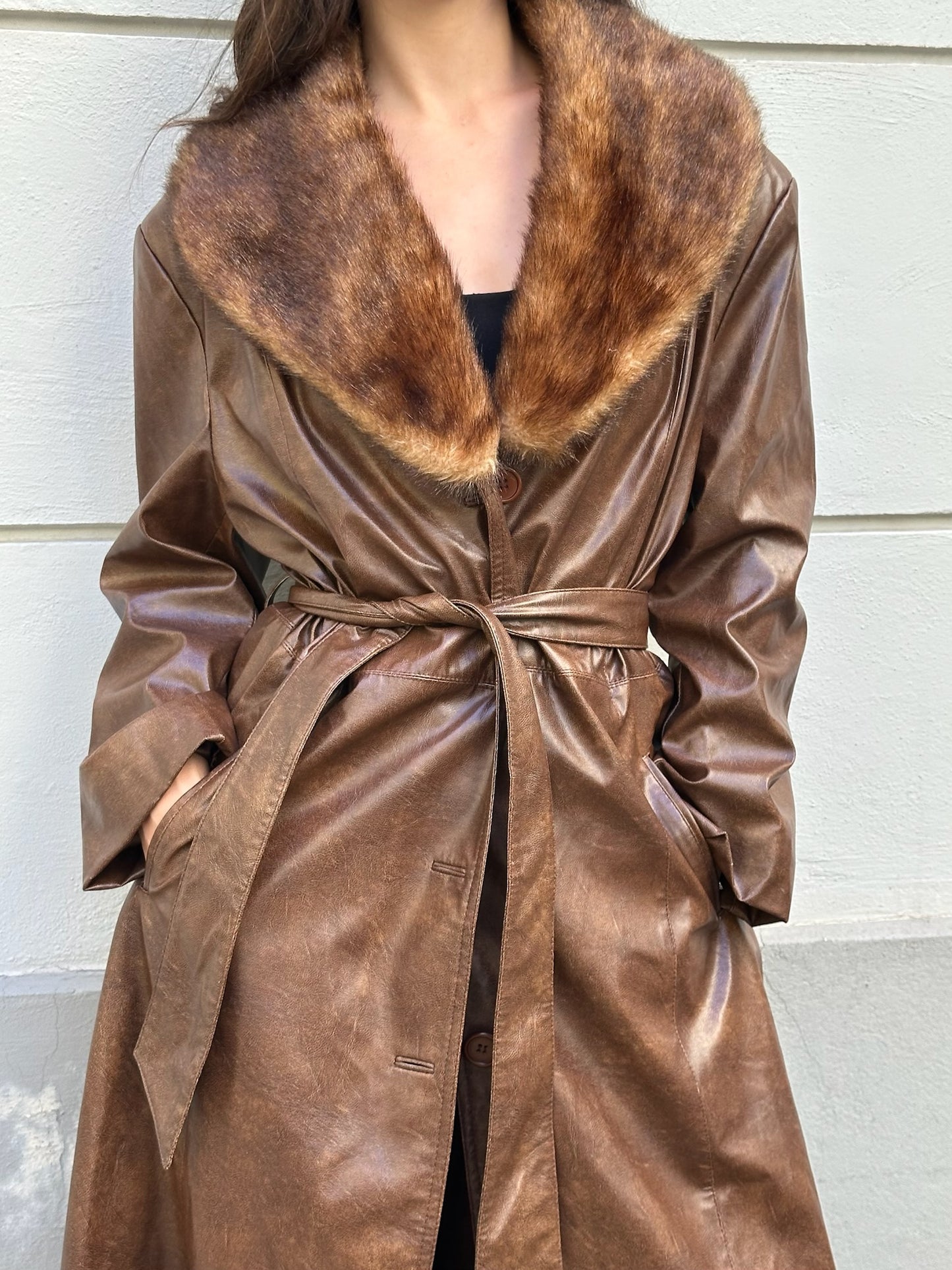 Vintage Faux Leather & Fur Brown Midi Jacket M