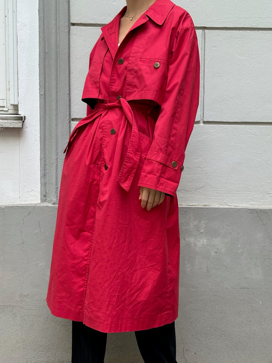 Vintage Bright Red Cotton Blend Trench Coat M