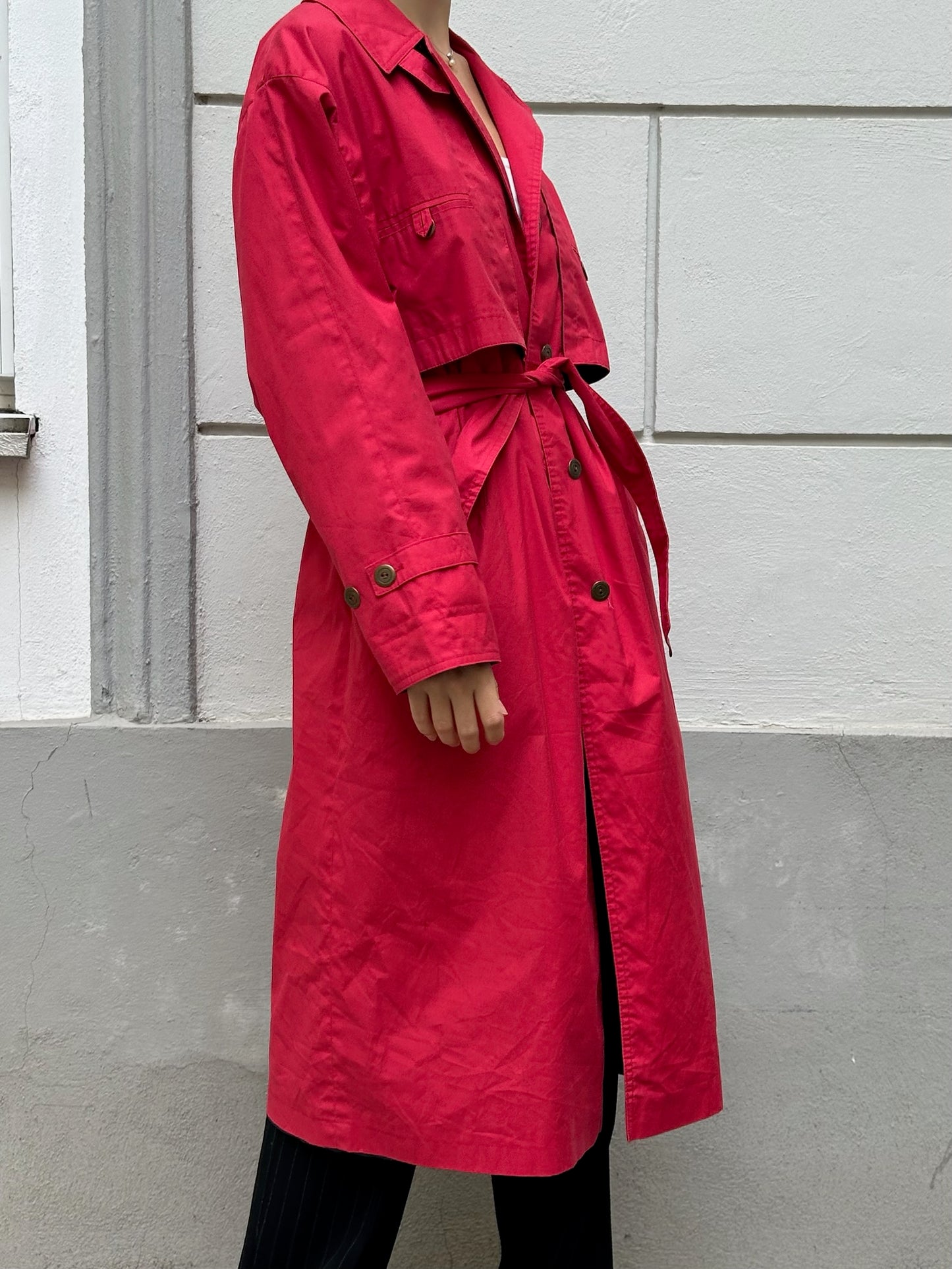 Vintage Bright Red Cotton Blend Trench Coat M