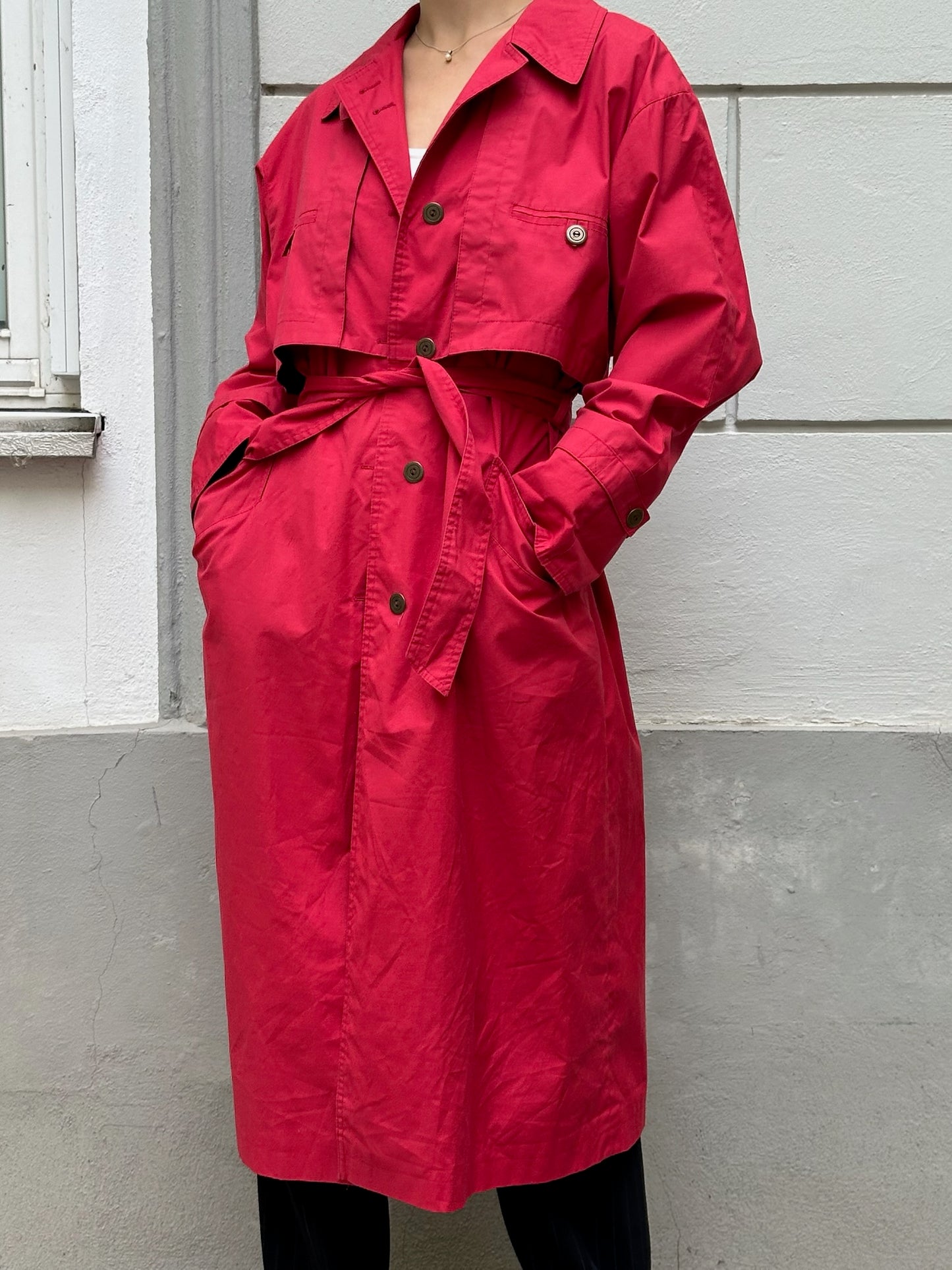 Vintage Bright Red Cotton Blend Trench Coat M
